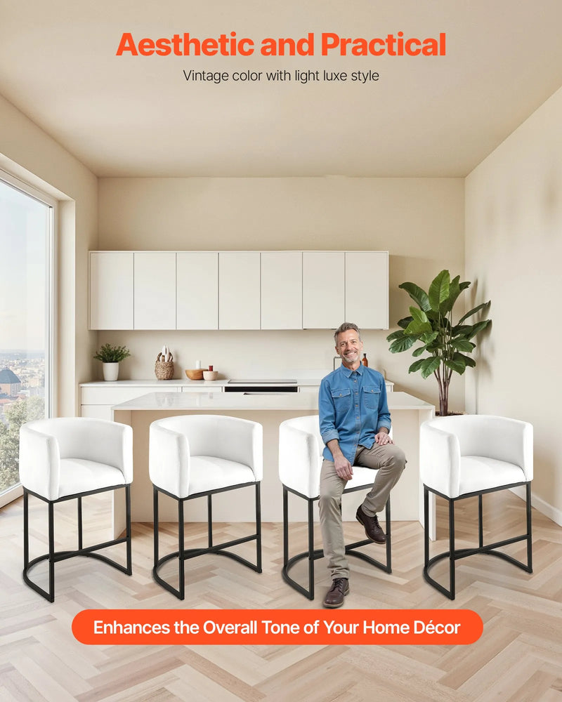 VEVOR bāra krēslu komplekts (3 gab.), 63 cm augsti bāra krēsli ar atzveltni un roku balstiem, metāla rāmi un kāju balstu, auduma apdari, piemēroti virtuves salai, bāra letei vai ēdamistabai, balti
