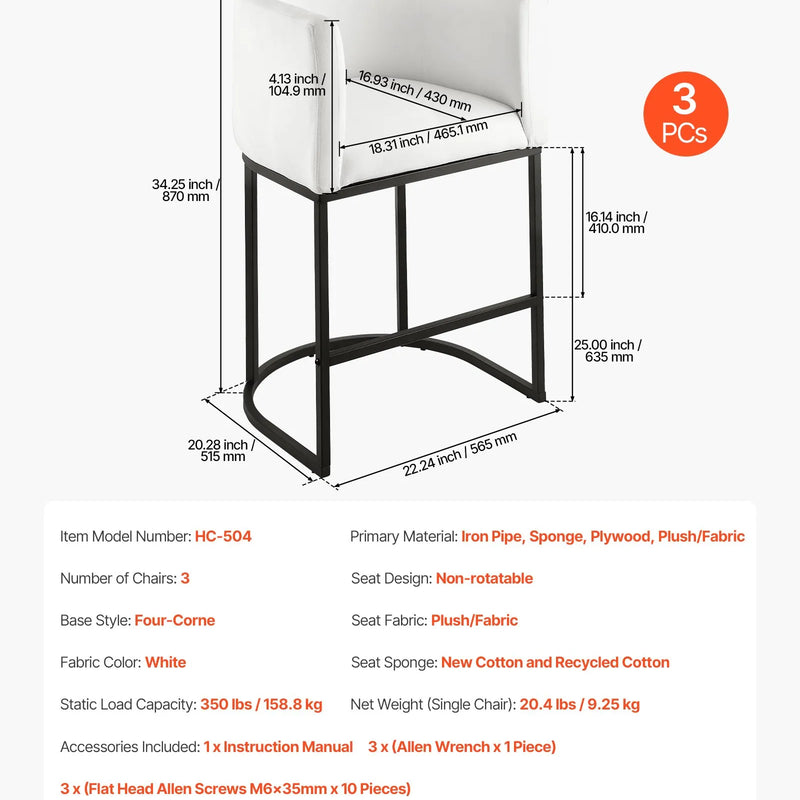 VEVOR bāra krēslu komplekts (3 gab.), 63 cm augsti bāra krēsli ar atzveltni un roku balstiem, metāla rāmi un kāju balstu, auduma apdari, piemēroti virtuves salai, bāra letei vai ēdamistabai, balti