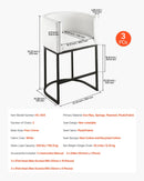 VEVOR bāra krēslu komplekts (3 gab.), 63 cm augsti bāra krēsli ar atzveltni un roku balstiem, metāla rāmi un kāju balstu, auduma apdari, piemēroti virtuves salai, bāra letei vai ēdamistabai, balti