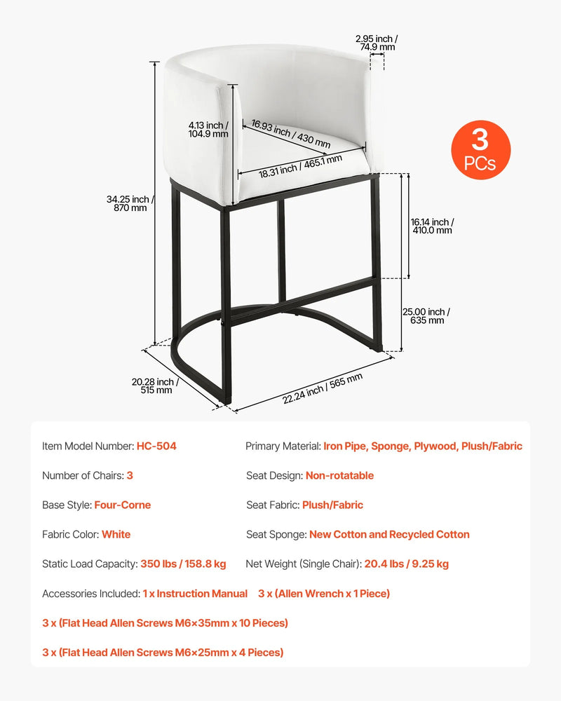 VEVOR bāra krēslu komplekts (3 gab.), 63 cm augsti bāra krēsli ar atzveltni un roku balstiem, metāla rāmi un kāju balstu, auduma apdari, piemēroti virtuves salai, bāra letei vai ēdamistabai, balti