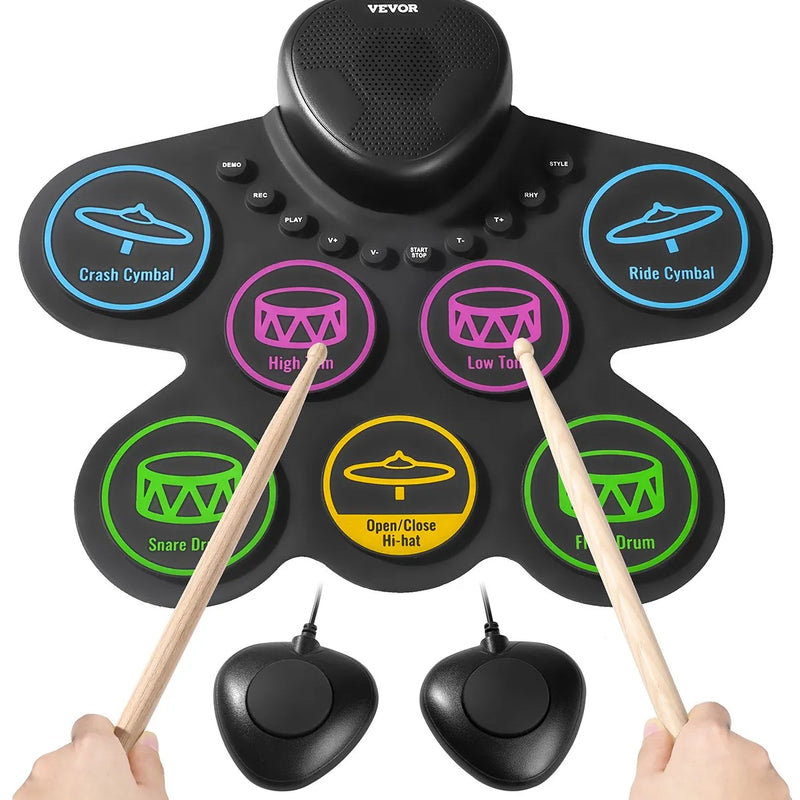 VEVOR elektriskā bungas sistēma, 7 spilventiņi, salokāms treniņu bungu paklājiņš, elektroniskā bungas sistēma ar austiņām