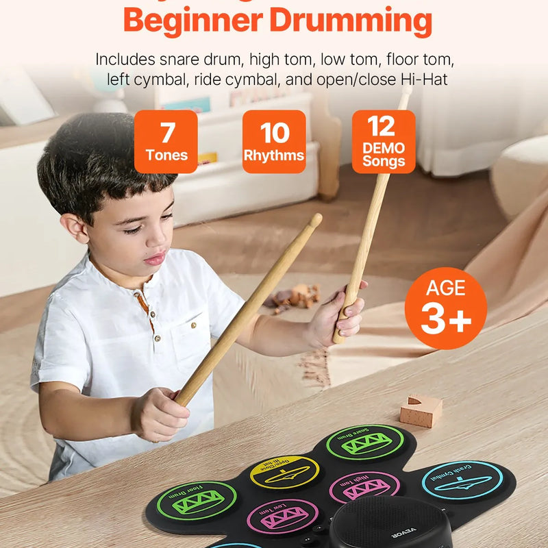 VEVOR elektriskā bungas sistēma, 7 spilventiņi, salokāms treniņu bungu paklājiņš, elektroniskā bungas sistēma ar austiņām