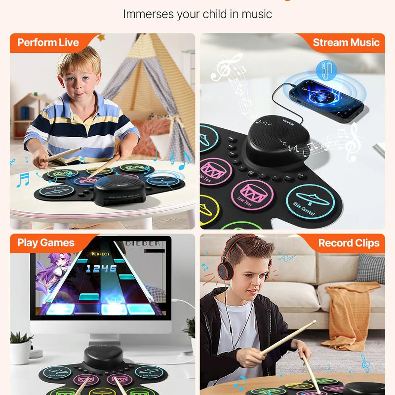 VEVOR elektriskā bungas sistēma, 7 spilventiņi, salokāms treniņu bungu paklājiņš, elektroniskā bungas sistēma ar austiņām