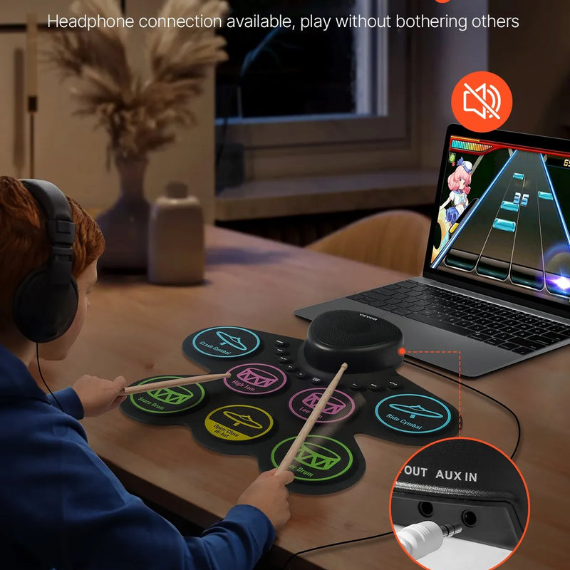 VEVOR elektriskā bungas sistēma, 7 spilventiņi, salokāms treniņu bungu paklājiņš, elektroniskā bungas sistēma ar austiņām