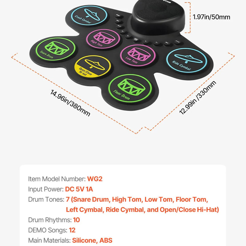 VEVOR elektriskā bungas sistēma, 7 spilventiņi, salokāms treniņu bungu paklājiņš, elektroniskā bungas sistēma ar austiņām