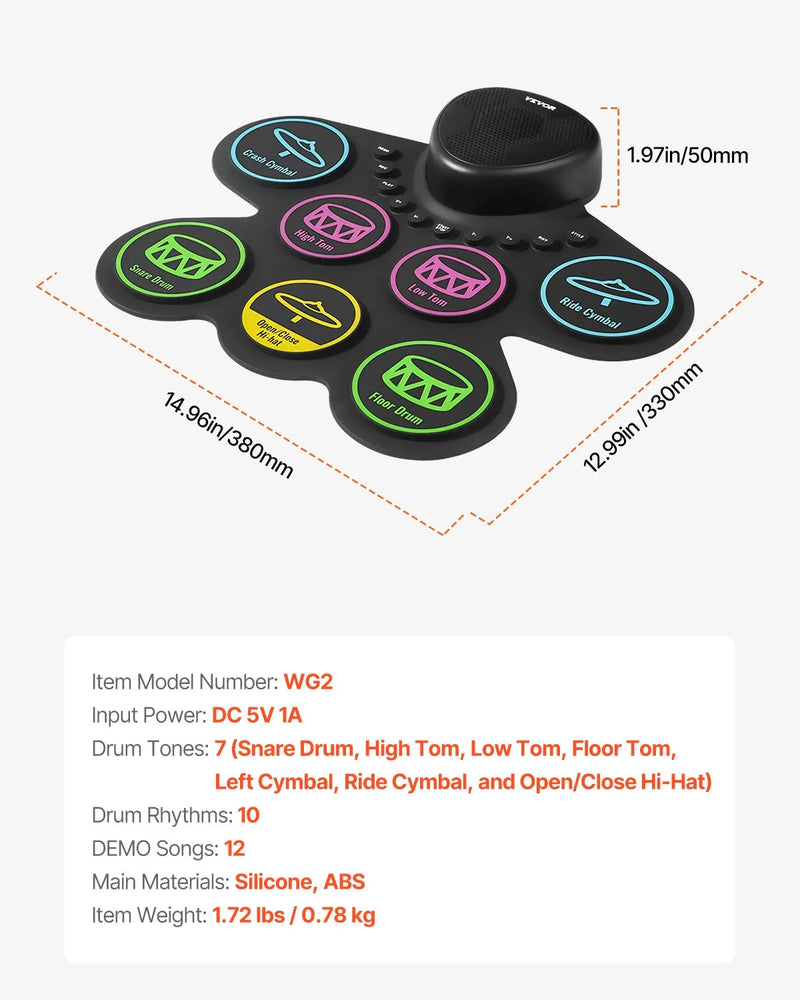 VEVOR elektriskā bungas sistēma, 7 spilventiņi, salokāms treniņu bungu paklājiņš, elektroniskā bungas sistēma ar austiņām