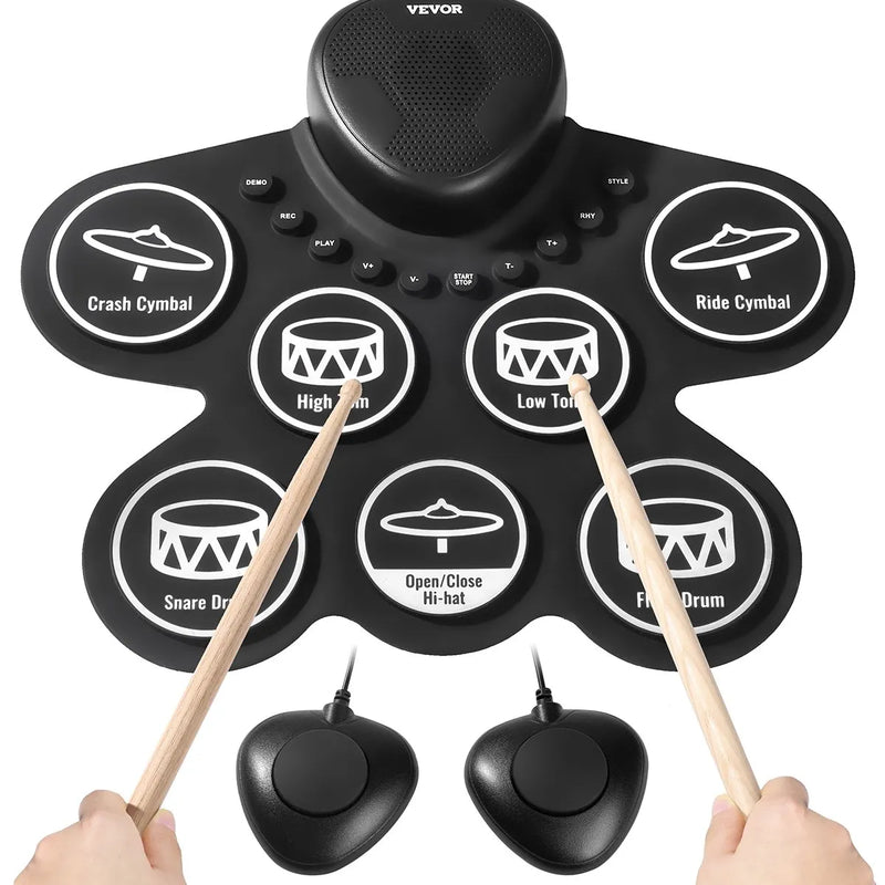 VEVOR elektroniskais bungas komplekts ar 7 triecienzonām, sarullējams treniņu paliktnis, elektroniskās bungas ar austiņu pieslēgumu