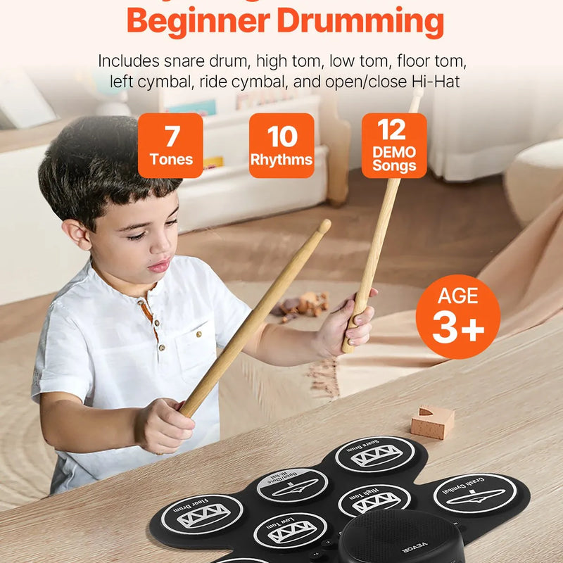 VEVOR elektroniskais bungas komplekts ar 7 triecienzonām, sarullējams treniņu paliktnis, elektroniskās bungas ar austiņu pieslēgumu