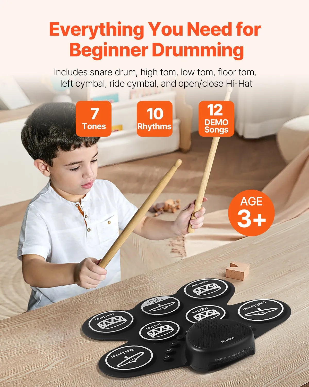 VEVOR Electronic Drum Kit 7 Drum Pads, Rollable Stand with Headphone Jack