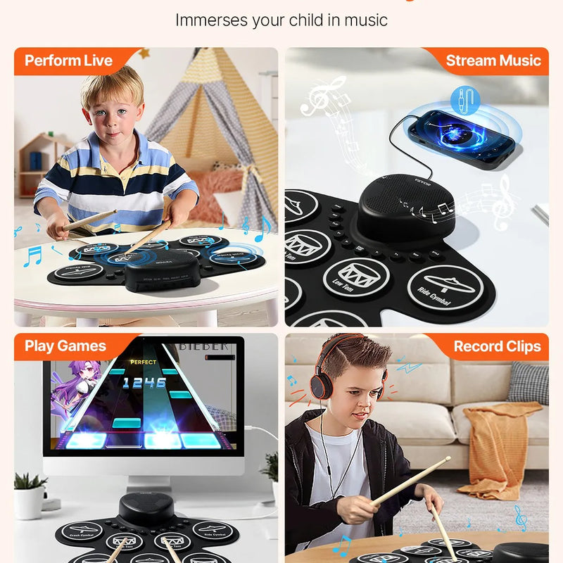 VEVOR elektroniskais bungas komplekts ar 7 triecienzonām, sarullējams treniņu paliktnis, elektroniskās bungas ar austiņu pieslēgumu