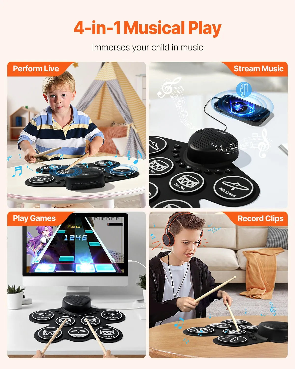 VEVOR Electronic Drum Kit 7 Drum Pads, Rollable Stand with Headphone Jack
