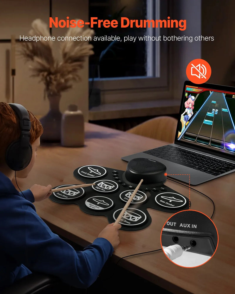 VEVOR elektroniskais bungas komplekts ar 7 triecienzonām, sarullējams treniņu paliktnis, elektroniskās bungas ar austiņu pieslēgumu