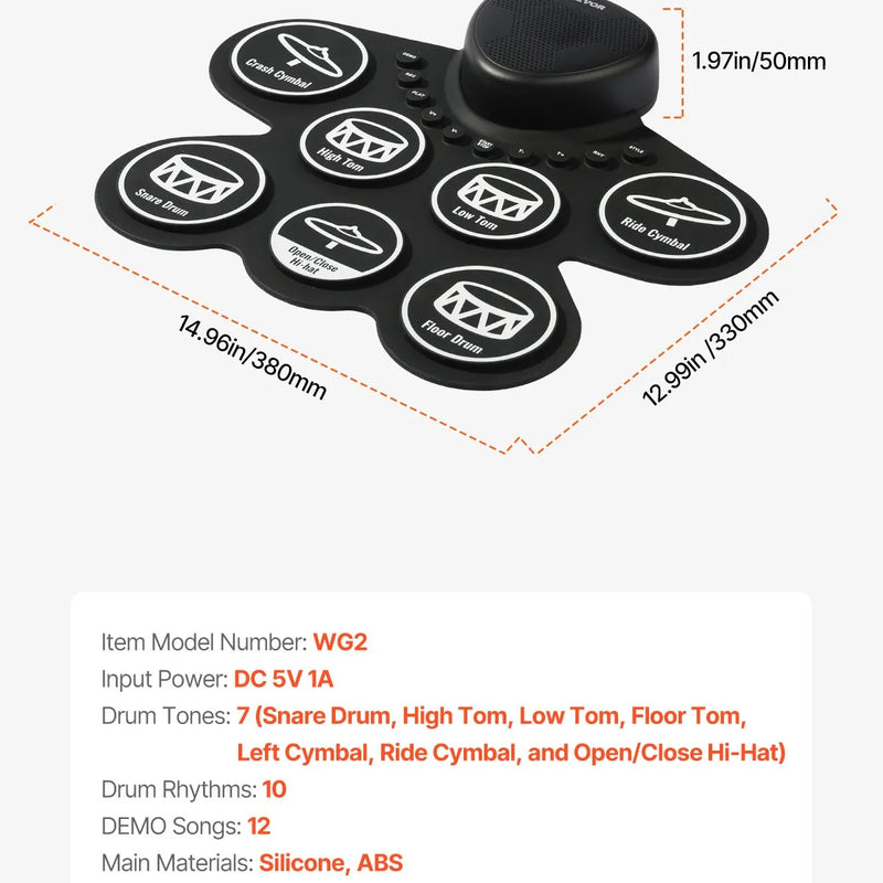 VEVOR elektroniskais bungas komplekts ar 7 triecienzonām, sarullējams treniņu paliktnis, elektroniskās bungas ar austiņu pieslēgumu