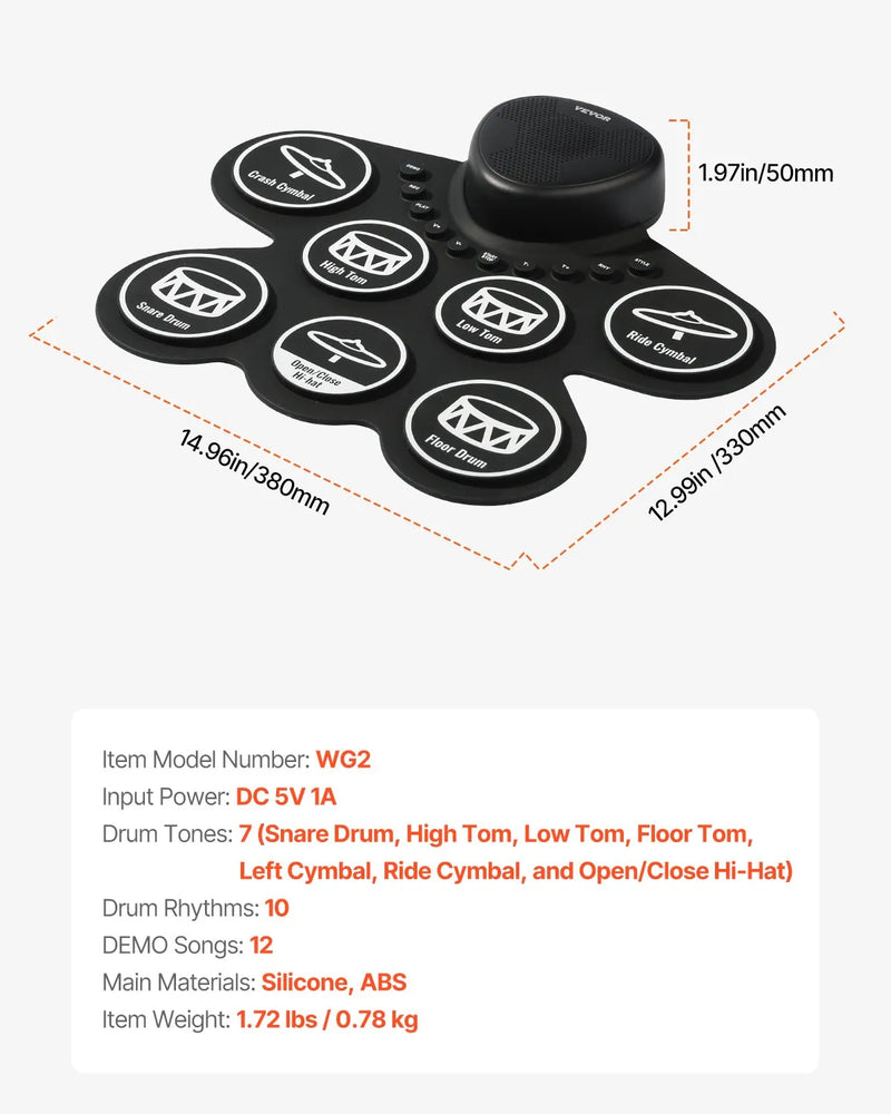 VEVOR elektroniskais bungas komplekts ar 7 triecienzonām, sarullējams treniņu paliktnis, elektroniskās bungas ar austiņu pieslēgumu