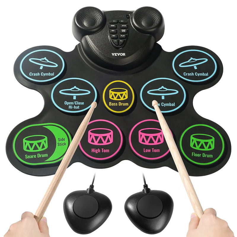 VEVOR elektroniskais bungu komplekts ar 9 triecienzonām, sarullējams treniņu paliktnis, elektroniskās bungas ar austiņu pieslēgvietu, diviem pedāļiem, bungu vālītēm, iebūvētiem diviem skaļruņiem un MIDI, pārnēsājams instruments bērniem no 3+ gadiem