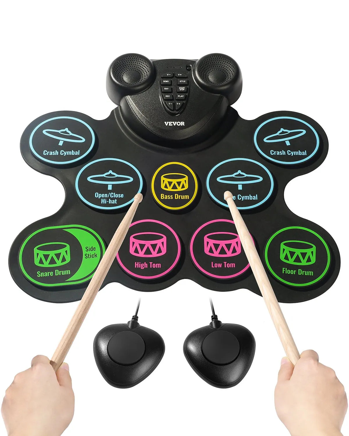 VEVOR Electronic Drum Kit 9 Pads, Foldable Stand with 2 Pedals, Speakers and MIDI, for Kids 3+