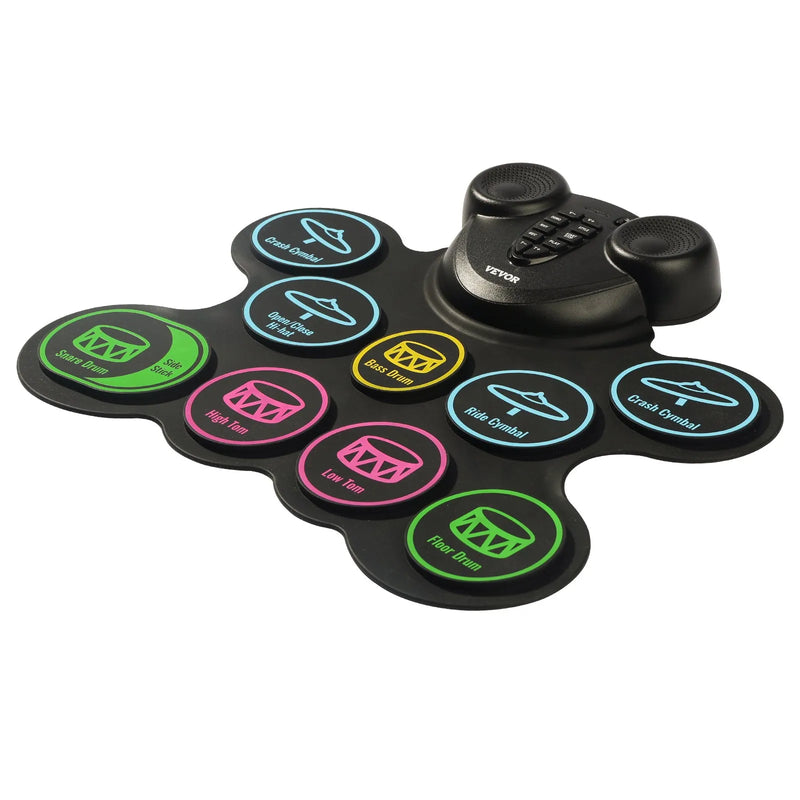 VEVOR elektroniskais bungu komplekts ar 9 triecienzonām, sarullējams treniņu paliktnis, elektroniskās bungas ar austiņu pieslēgvietu, diviem pedāļiem, bungu vālītēm, iebūvētiem diviem skaļruņiem un MIDI, pārnēsājams instruments bērniem no 3+ gadiem