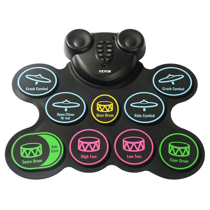 VEVOR elektroniskais bungu komplekts ar 9 triecienzonām, sarullējams treniņu paliktnis, elektroniskās bungas ar austiņu pieslēgvietu, diviem pedāļiem, bungu vālītēm, iebūvētiem diviem skaļruņiem un MIDI, pārnēsājams instruments bērniem no 3+ gadiem