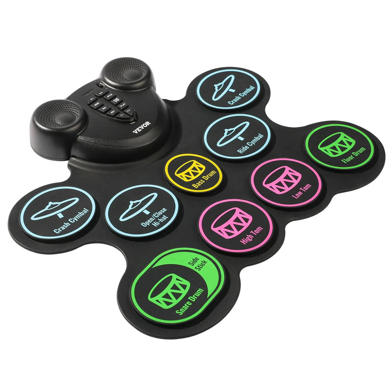 VEVOR elektroniskais bungu komplekts ar 9 triecienzonām, sarullējams treniņu paliktnis, elektroniskās bungas ar austiņu pieslēgvietu, diviem pedāļiem, bungu vālītēm, iebūvētiem diviem skaļruņiem un MIDI, pārnēsājams instruments bērniem no 3+ gadiem