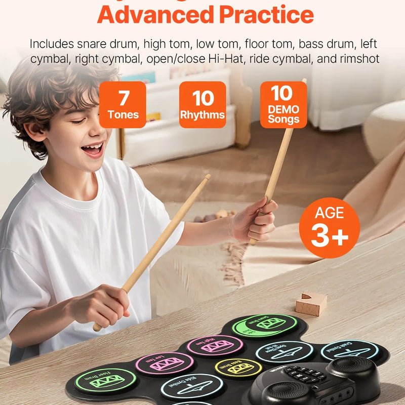 VEVOR elektroniskais bungu komplekts ar 9 triecienzonām, sarullējams treniņu paliktnis, elektroniskās bungas ar austiņu pieslēgvietu, diviem pedāļiem, bungu vālītēm, iebūvētiem diviem skaļruņiem un MIDI, pārnēsājams instruments bērniem no 3+ gadiem