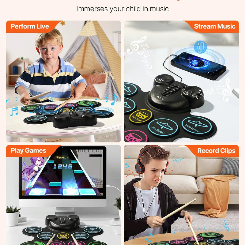 VEVOR elektroniskais bungu komplekts ar 9 triecienzonām, sarullējams treniņu paliktnis, elektroniskās bungas ar austiņu pieslēgvietu, diviem pedāļiem, bungu vālītēm, iebūvētiem diviem skaļruņiem un MIDI, pārnēsājams instruments bērniem no 3+ gadiem