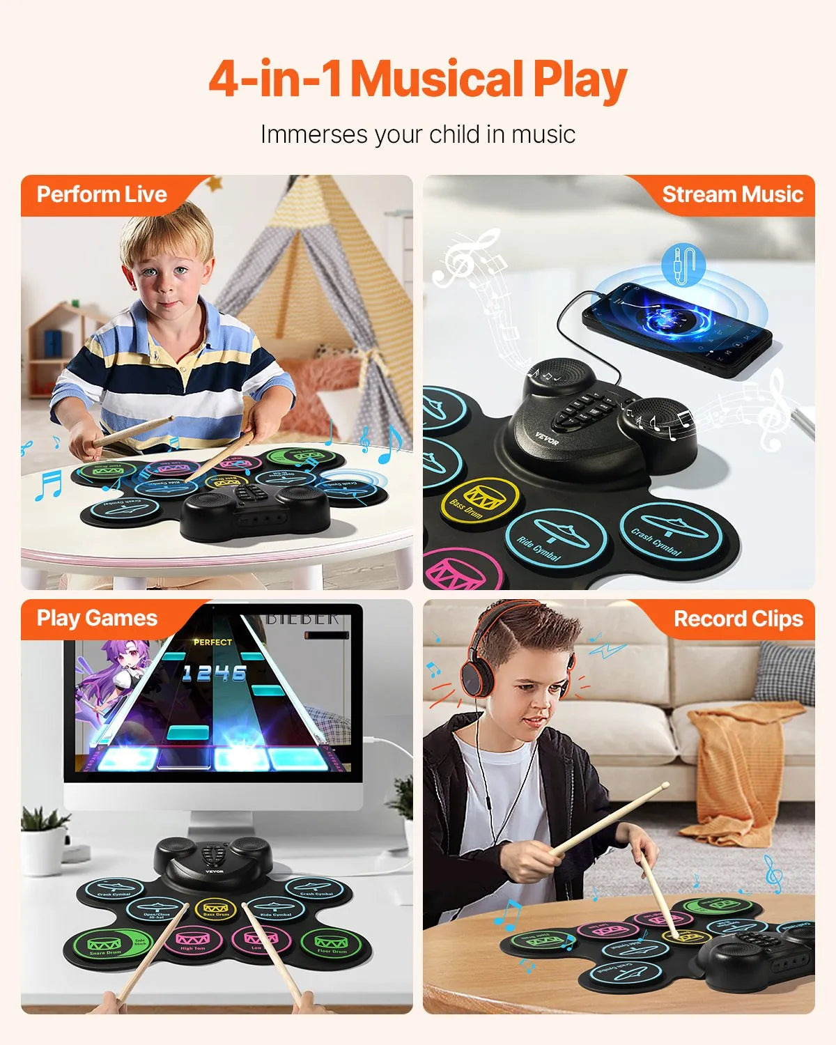 VEVOR Electronic Drum Kit 9 Pads, Foldable Stand with 2 Pedals, Speakers and MIDI, for Kids 3+