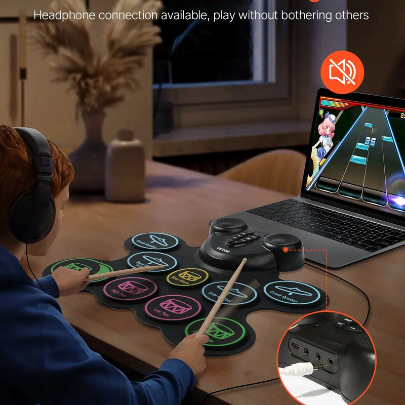 VEVOR elektroniskais bungu komplekts ar 9 triecienzonām, sarullējams treniņu paliktnis, elektroniskās bungas ar austiņu pieslēgvietu, diviem pedāļiem, bungu vālītēm, iebūvētiem diviem skaļruņiem un MIDI, pārnēsājams instruments bērniem no 3+ gadiem