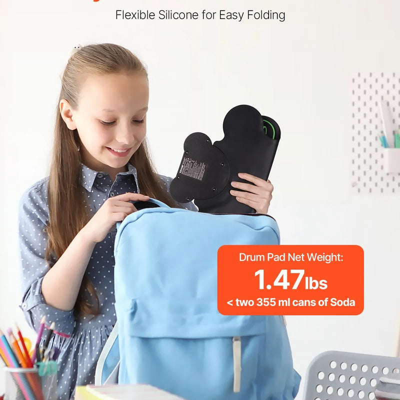 VEVOR elektroniskais bungu komplekts ar 9 triecienzonām, sarullējams treniņu paliktnis, elektroniskās bungas ar austiņu pieslēgvietu, diviem pedāļiem, bungu vālītēm, iebūvētiem diviem skaļruņiem un MIDI, pārnēsājams instruments bērniem no 3+ gadiem