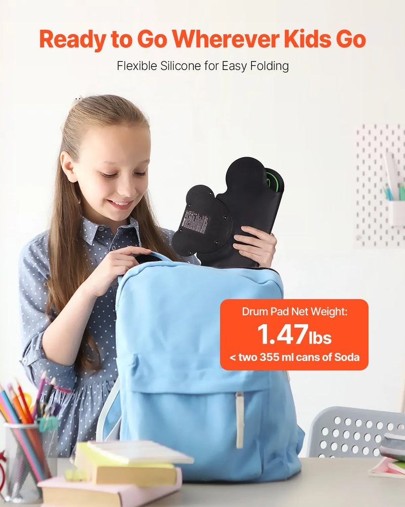 VEVOR elektroniskais bungu komplekts ar 9 triecienzonām, sarullējams treniņu paliktnis, elektroniskās bungas ar austiņu pieslēgvietu, diviem pedāļiem, bungu vālītēm, iebūvētiem diviem skaļruņiem un MIDI, pārnēsājams instruments bērniem no 3+ gadiem