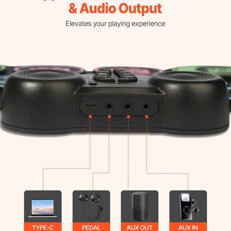 VEVOR elektroniskais bungu komplekts ar 9 triecienzonām, sarullējams treniņu paliktnis, elektroniskās bungas ar austiņu pieslēgvietu, diviem pedāļiem, bungu vālītēm, iebūvētiem diviem skaļruņiem un MIDI, pārnēsājams instruments bērniem no 3+ gadiem