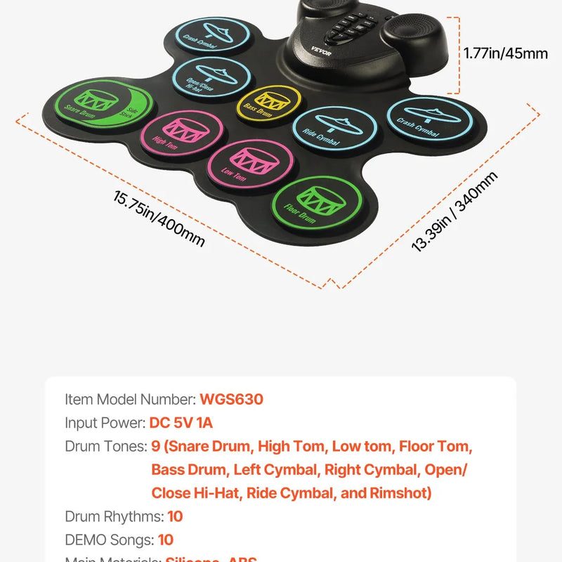 VEVOR elektroniskais bungu komplekts ar 9 triecienzonām, sarullējams treniņu paliktnis, elektroniskās bungas ar austiņu pieslēgvietu, diviem pedāļiem, bungu vālītēm, iebūvētiem diviem skaļruņiem un MIDI, pārnēsājams instruments bērniem no 3+ gadiem