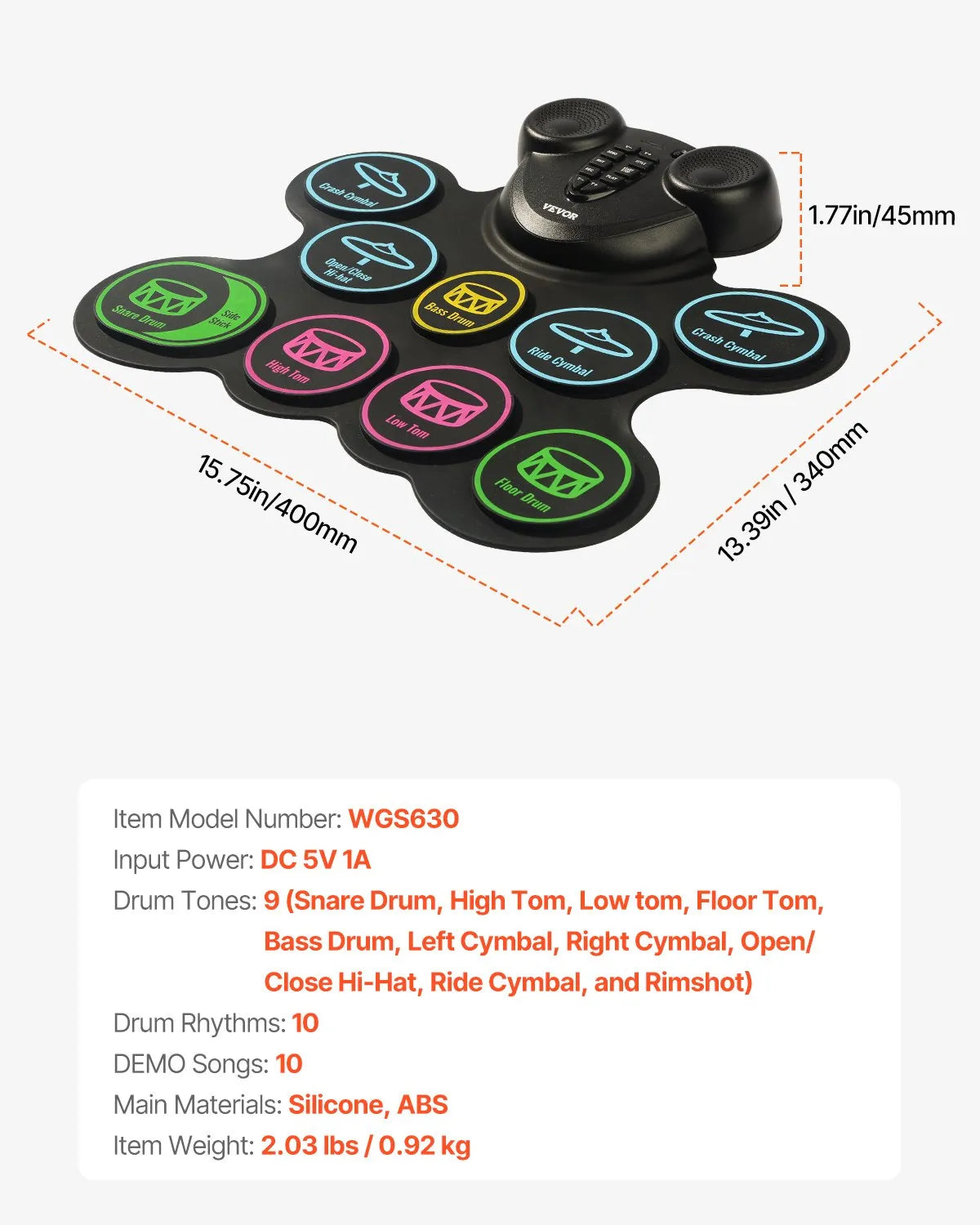 VEVOR Electronic Drum Kit 9 Pads, Foldable Stand with 2 Pedals, Speakers and MIDI, for Kids 3+