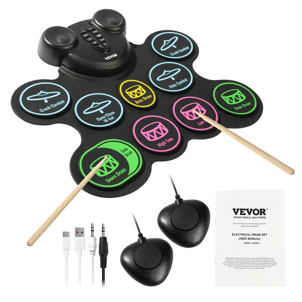 VEVOR Electronic Drum Kit 9 Pads, Foldable Stand with 2 Pedals, Speakers and MIDI, for Kids 3+