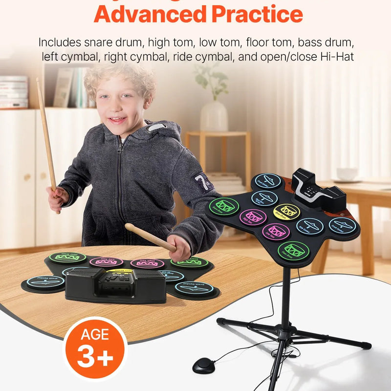 VEVOR elektroniskā bungu komplekts ar 9 spilventiņiem, statīvu, dubultajiem pedāļiem, izgaismotiem vicinātājiem un iebūvētiem skaļruņiem, bērniem no 5 gadu vecuma