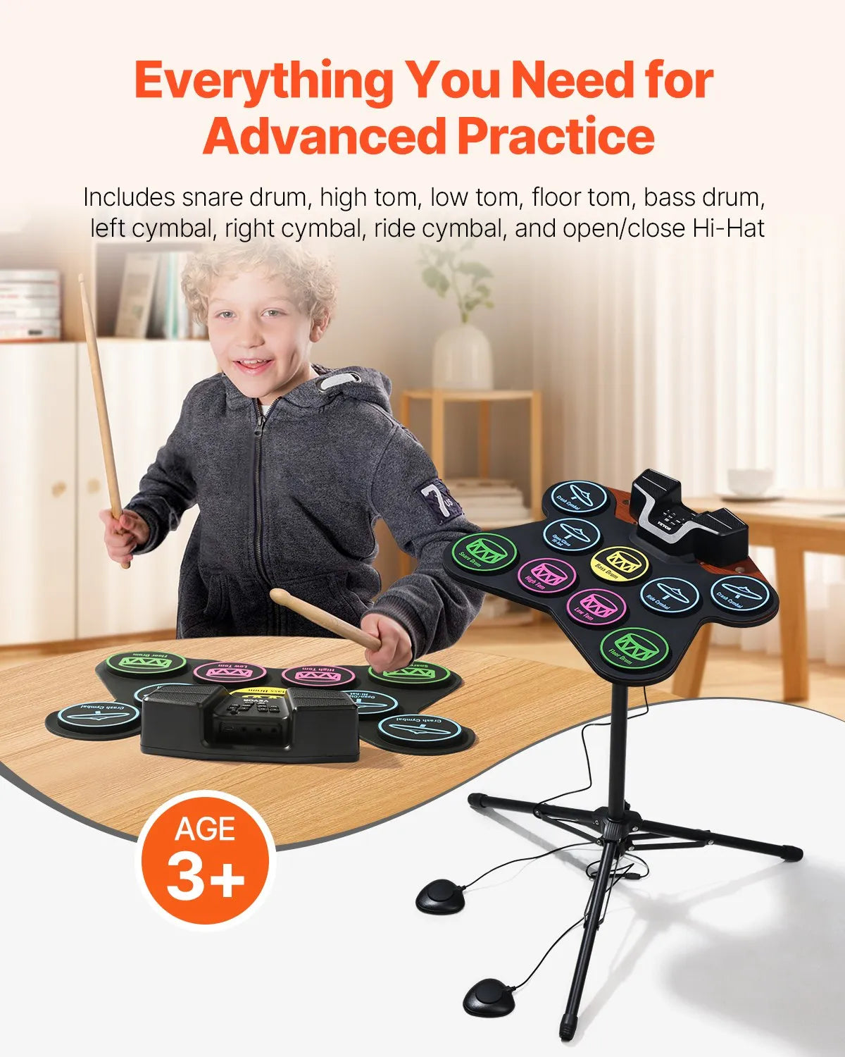 VEVOR Electronic Drum Kit 9 Pads with Stand, Dual Pedals, Illuminated Sticks and Speakers, for Children from 5 Years