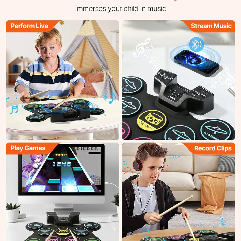 VEVOR elektroniskā bungu komplekts ar 9 spilventiņiem, statīvu, dubultajiem pedāļiem, izgaismotiem vicinātājiem un iebūvētiem skaļruņiem, bērniem no 5 gadu vecuma