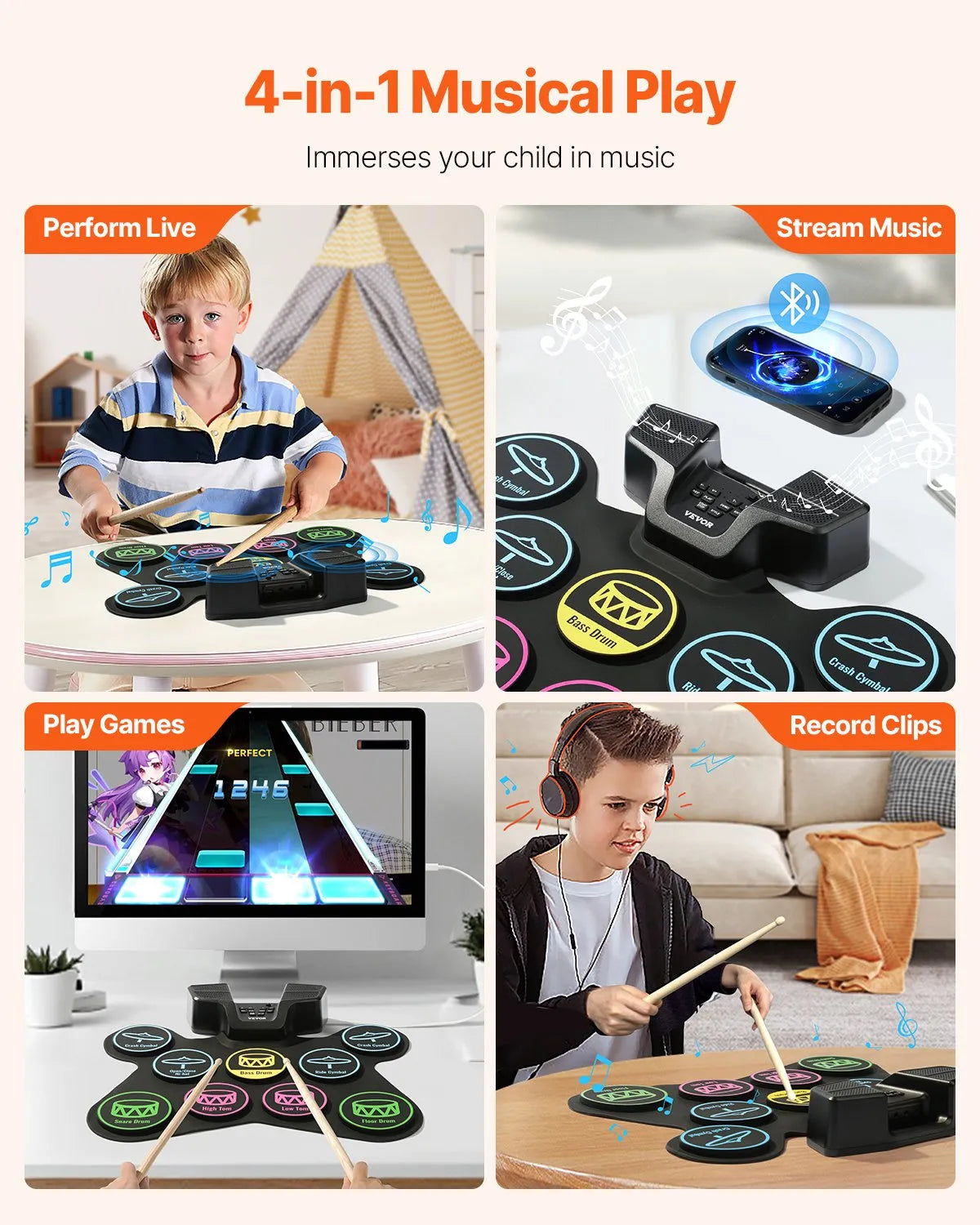 VEVOR Electronic Drum Kit 9 Pads with Stand, Dual Pedals, Illuminated Sticks and Speakers, for Children from 5 Years