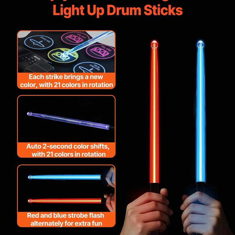 VEVOR elektroniskā bungu komplekts ar 9 spilventiņiem, statīvu, dubultajiem pedāļiem, izgaismotiem vicinātājiem un iebūvētiem skaļruņiem, bērniem no 5 gadu vecuma