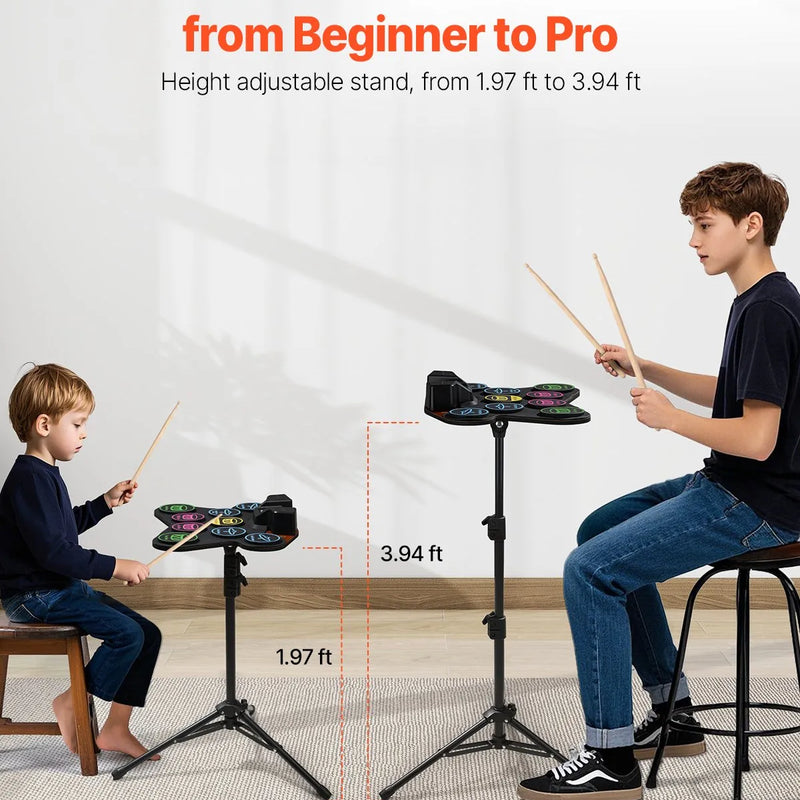 VEVOR elektroniskā bungu komplekts ar 9 spilventiņiem, statīvu, dubultajiem pedāļiem, izgaismotiem vicinātājiem un iebūvētiem skaļruņiem, bērniem no 5 gadu vecuma