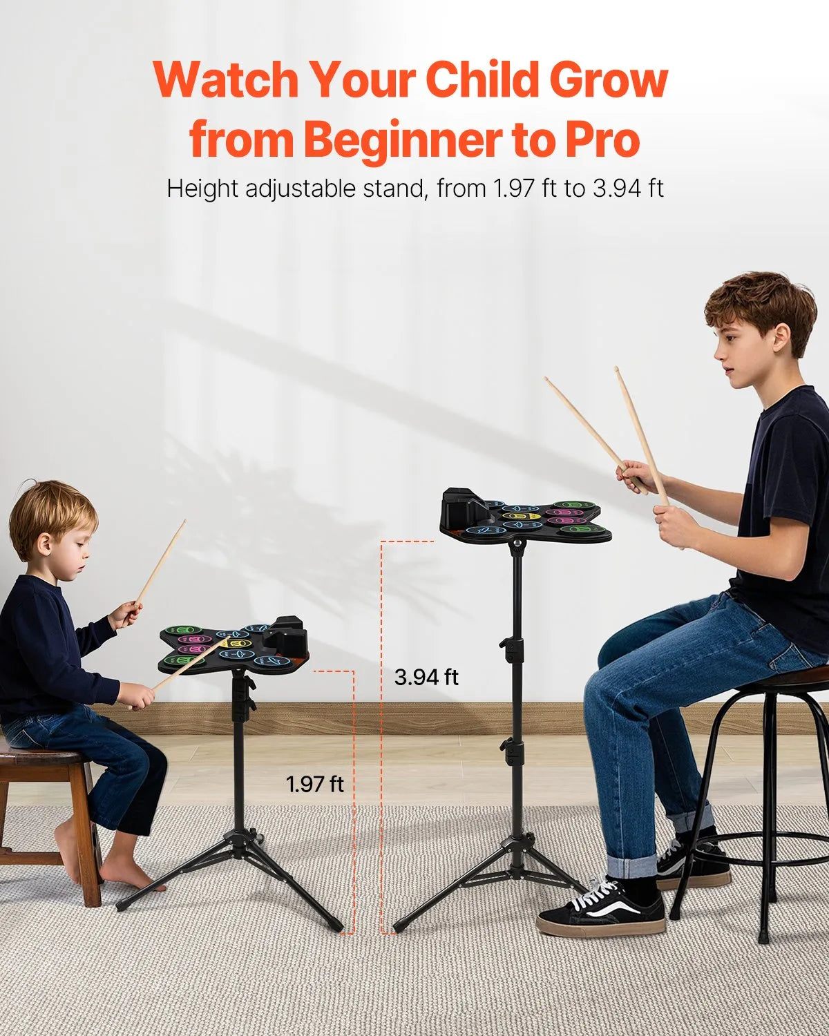 VEVOR Electronic Drum Kit 9 Pads with Stand, Dual Pedals, Illuminated Sticks and Speakers, for Children from 5 Years