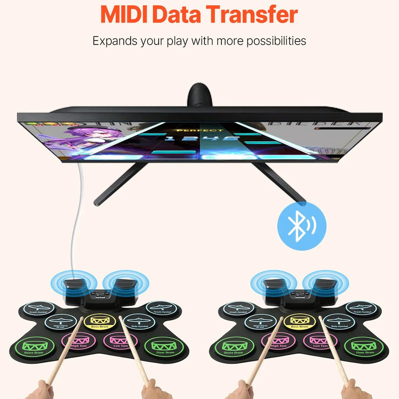 VEVOR elektroniskā bungu komplekts ar 9 spilventiņiem, statīvu, dubultajiem pedāļiem, izgaismotiem vicinātājiem un iebūvētiem skaļruņiem, bērniem no 5 gadu vecuma