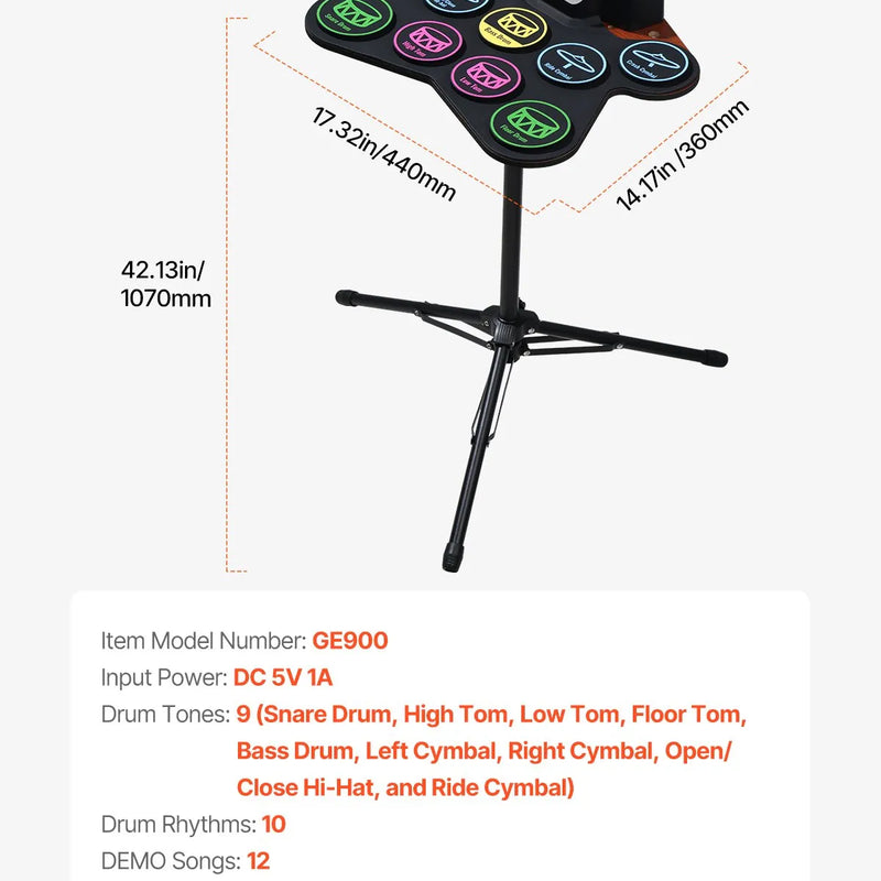VEVOR elektroniskā bungu komplekts ar 9 spilventiņiem, statīvu, dubultajiem pedāļiem, izgaismotiem vicinātājiem un iebūvētiem skaļruņiem, bērniem no 5 gadu vecuma