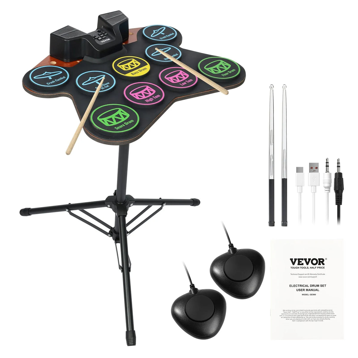 VEVOR Electronic Drum Kit 9 Pads with Stand, Dual Pedals, Illuminated Sticks and Speakers, for Children from 5 Years