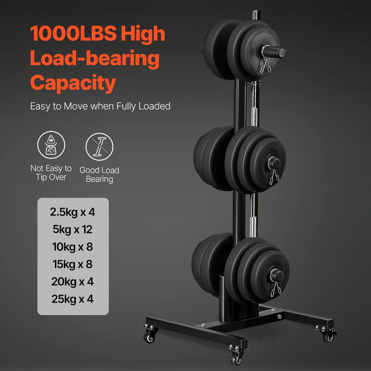 VEVOR vertikālais svaru disku statīvs ar riteņiem, 50 mm, līdz 454 kg