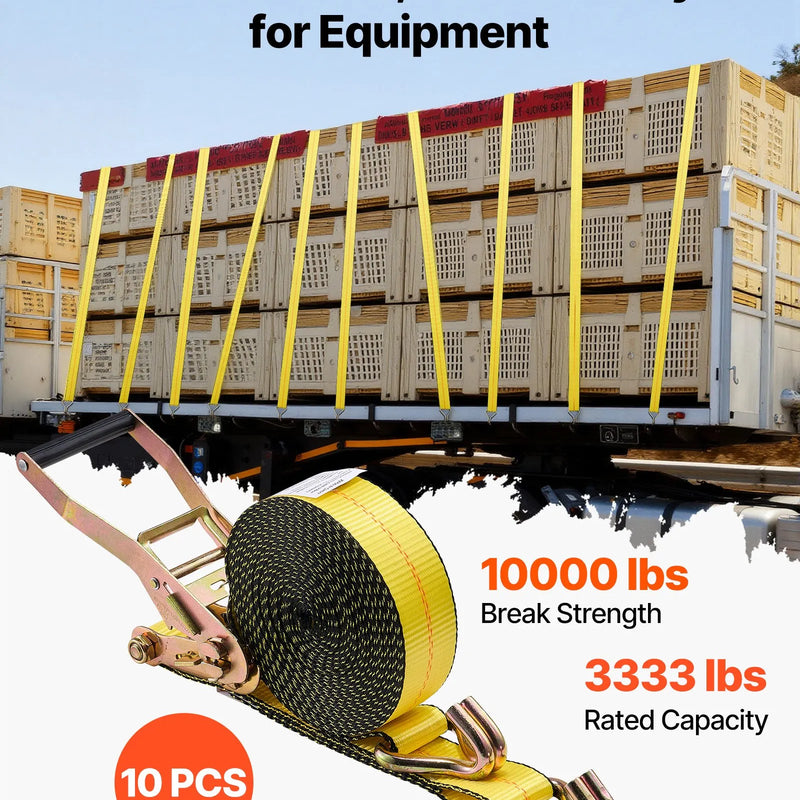 VEVOR sprūdrata stiprinājuma siksnu komplekts, 50,8 mm × 9,1 m, lieljaudas siksnas ar dubultajiem J veida āķiem, pārrāvuma izturība 4536 kg, kravas nostiprināšanai pārvadāšanā, piekabēs, motocikliem, kajakiem un uz auto jumta, 10 gab.