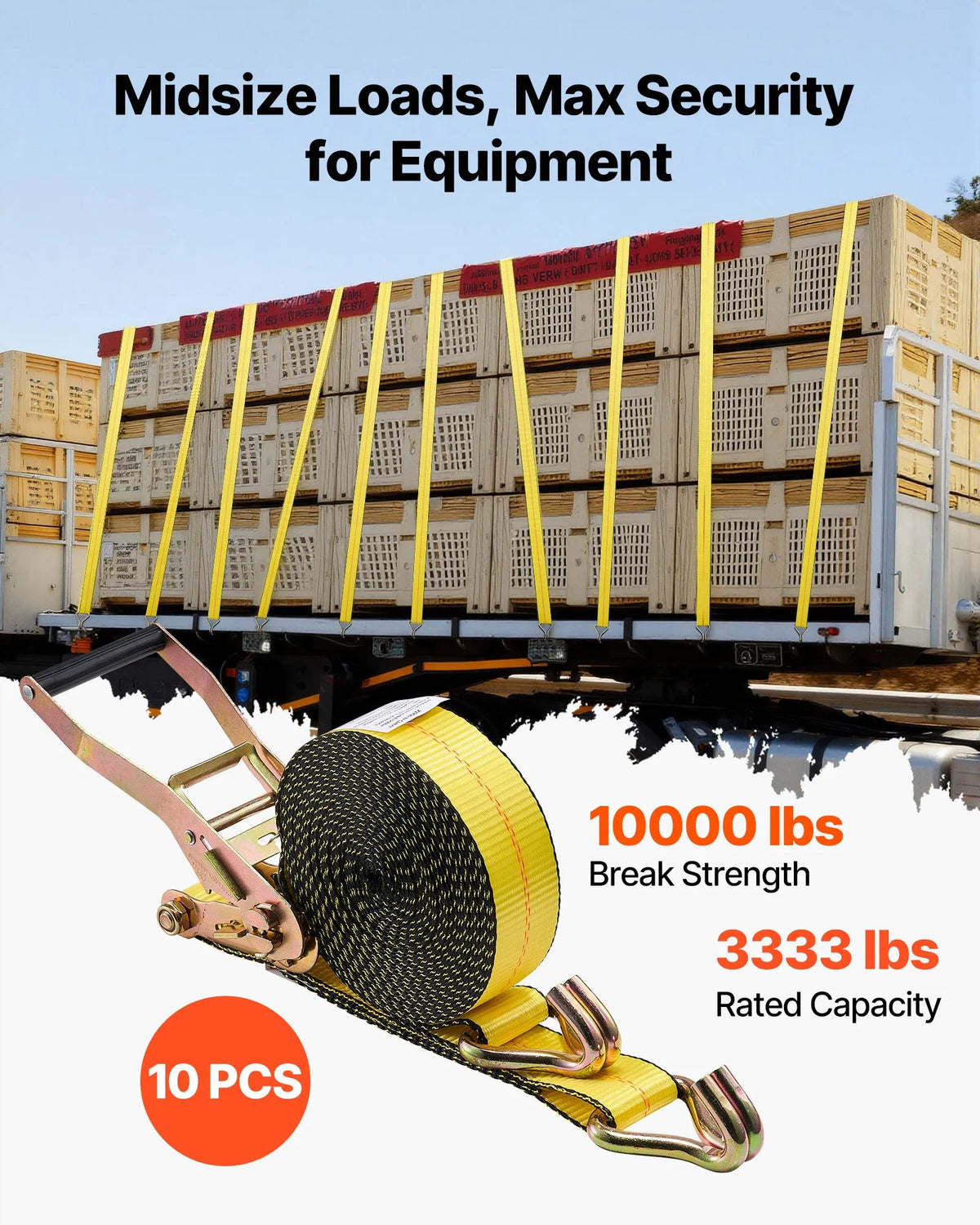 VEVOR Ratchet Tie-Down Strap Set, 50.8 mm × 9.1 m, Heavy-Duty Straps with Dual J-Hooks, 4536 kg Breaking Strength, Cargo Securing for Transport, Trailers, Motorcycles, Kayaks and Roof Racks, 10 Pieces