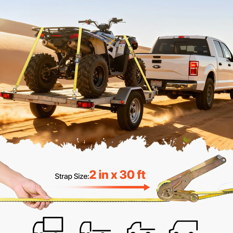 VEVOR sprūdrata stiprinājuma siksnu komplekts, 50,8 mm × 9,1 m, lieljaudas siksnas ar dubultajiem J veida āķiem, pārrāvuma izturība 4536 kg, kravas nostiprināšanai pārvadāšanā, piekabēs, motocikliem, kajakiem un uz auto jumta, 10 gab.