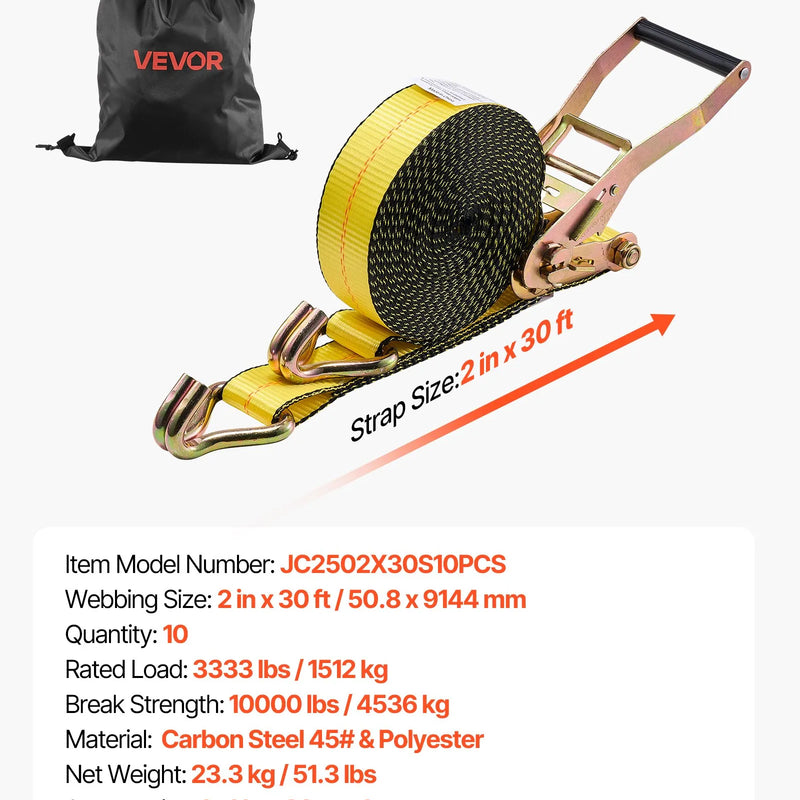 VEVOR sprūdrata stiprinājuma siksnu komplekts, 50,8 mm × 9,1 m, lieljaudas siksnas ar dubultajiem J veida āķiem, pārrāvuma izturība 4536 kg, kravas nostiprināšanai pārvadāšanā, piekabēs, motocikliem, kajakiem un uz auto jumta, 10 gab.