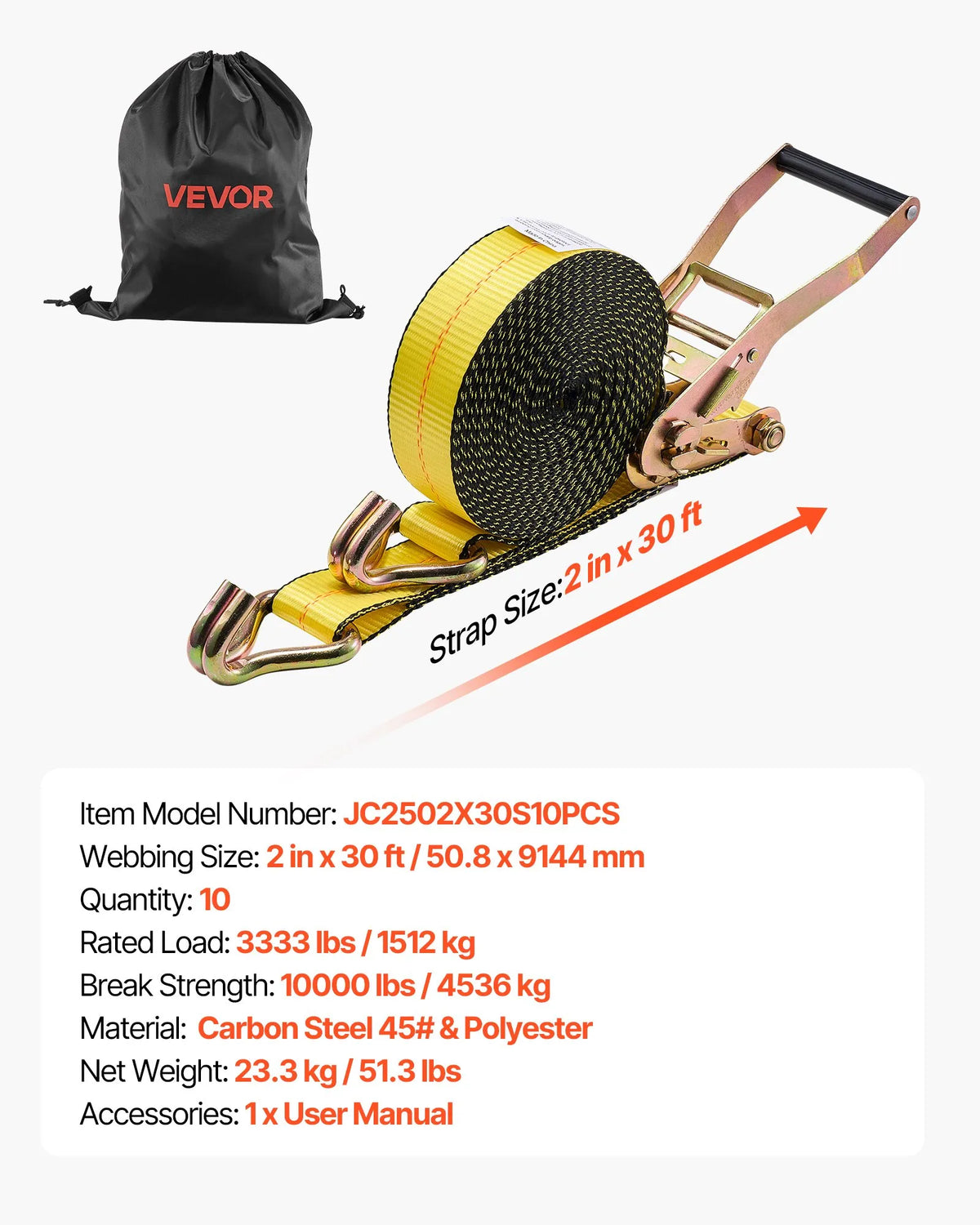 VEVOR Ratchet Tie-Down Strap Set, 50.8 mm × 9.1 m, Heavy-Duty Straps with Dual J-Hooks, 4536 kg Breaking Strength, Cargo Securing for Transport, Trailers, Motorcycles, Kayaks and Roof Racks, 10 Pieces