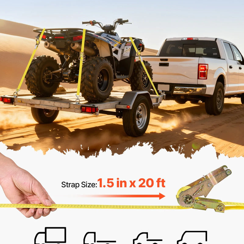 VEVOR sprūdrata stiprinājuma siksnu komplekts, 38,1 mm × 6,1 m, lieljaudas siksnas ar dubultajiem J veida āķiem, pārrāvuma izturība 2000 kg, ar uzglabāšanas somu, kravas nostiprināšanai pārvadāšanā, piekabēs, motocikliem, kajakiem un uz auto jumta, 4 gab.